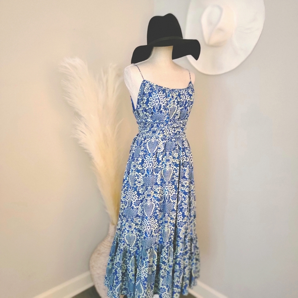 Cheerful RHODE Lea Belted Floral Cotton Blue Dress Pre-owned Size M